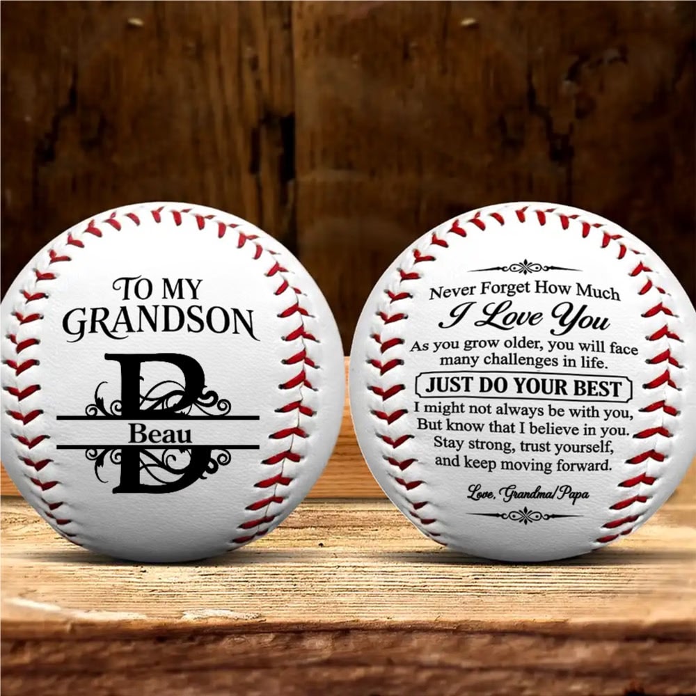 Personalized baseball for a grandson named Beau: front shows To My Grandson above a monogram of the letter B, back shows the printed message and the signature Love, Grandma/Papa