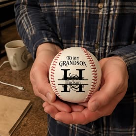 Customer photo of a man in a plaid shirt holding a personalized baseball for his grandson Hudson